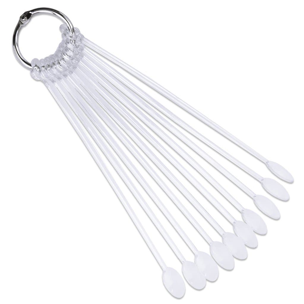 Beauticom® 100 Piece Clear Plastic Spoon Shaped False Nail Tip Sticks Chart Fan with Metal Ring Holder for Nail Polish Swatch, Practice Nail Art Design and Pattern Display Tool