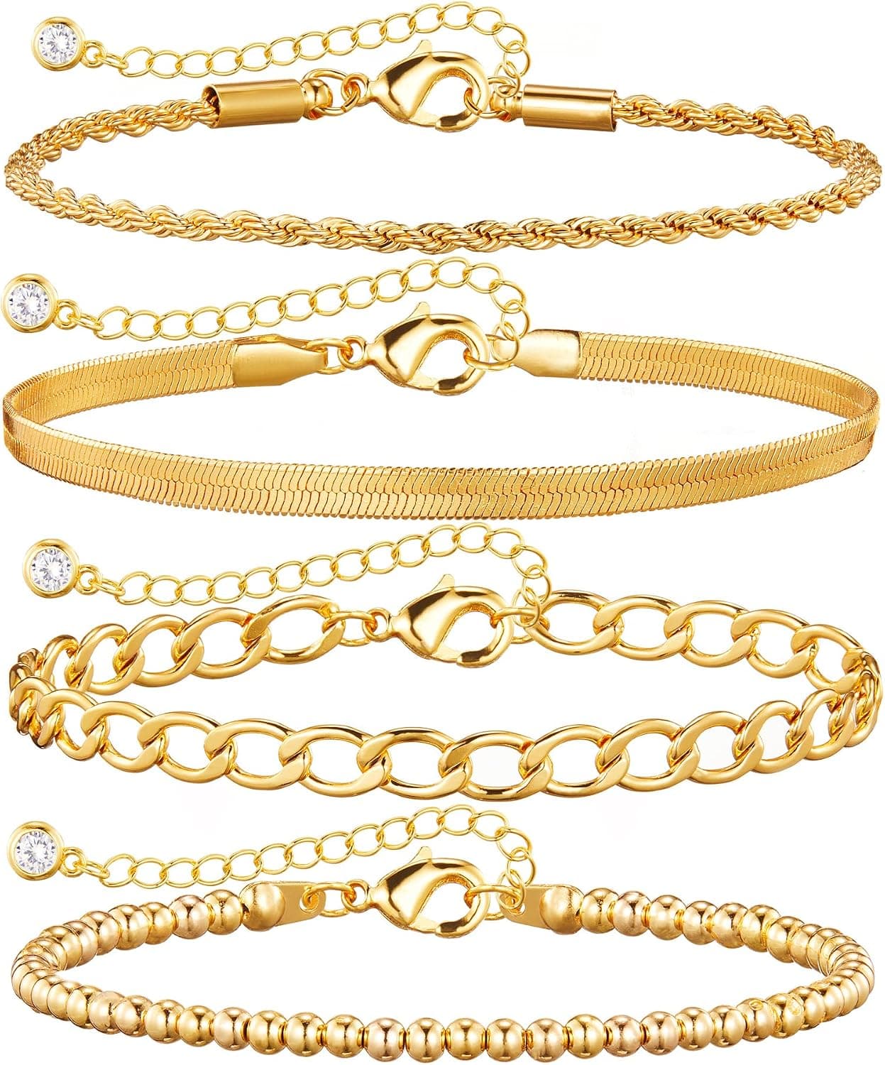 Kenivira Gold Bracelet for Women 18K Gold Plated Dainty Layered Cubic Zirconia/Bar/Beaded/Paperclip/Curb/Figaro Chain Adjustable Bracelets for Girls Valentines Day Gifts