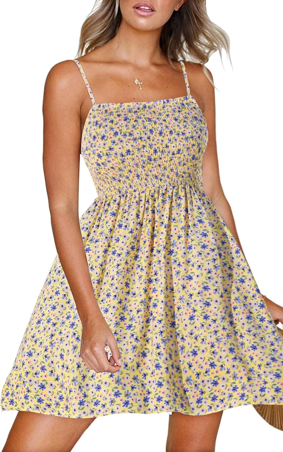 Chigant Summer Dresses for Women Casual Boho Floral Cami Dresses Beach Flowy Sundress Yellow Medium
