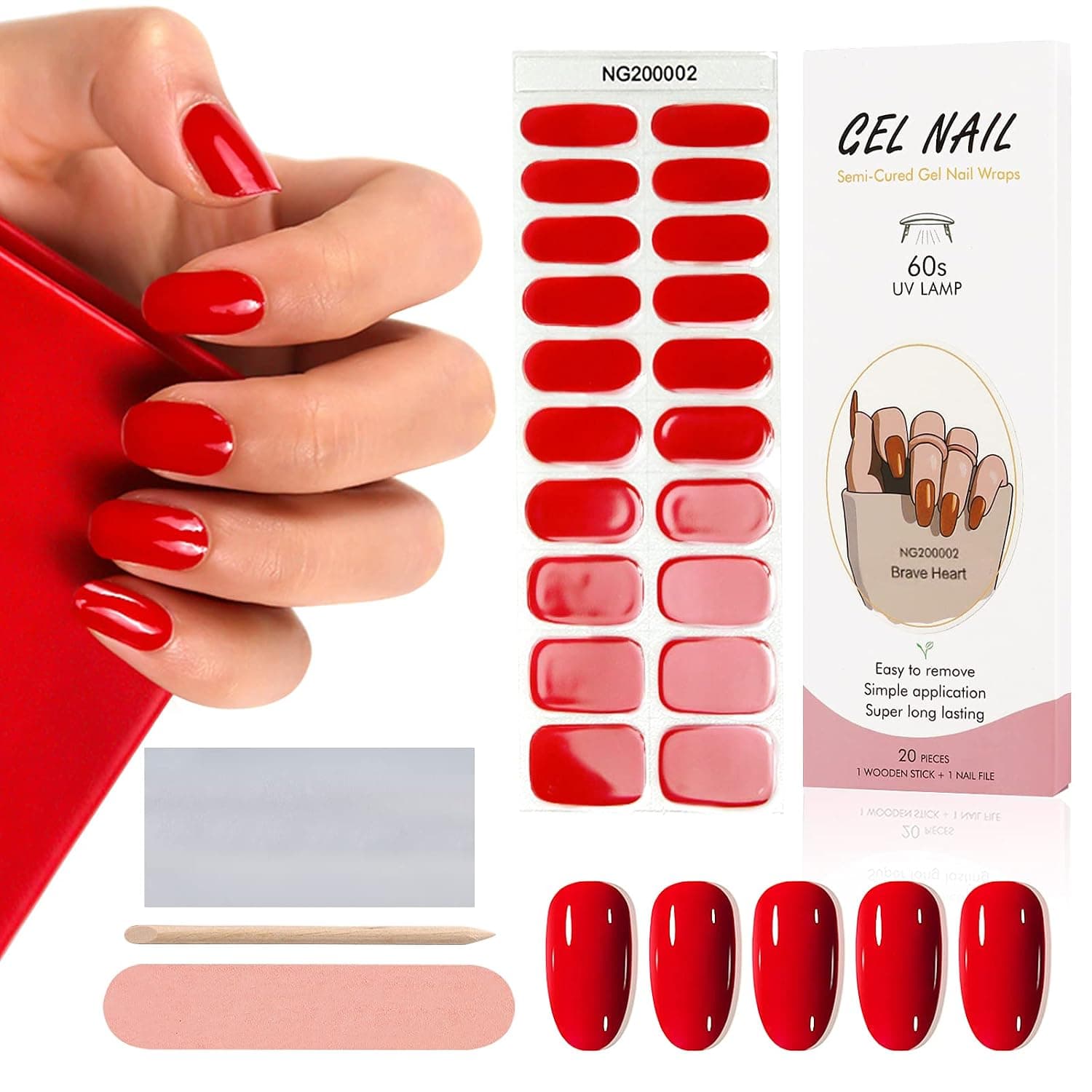 Kalolary 20PCS Semi Cured Gel Nail Polish Strips, Red Adhesive Full Wrap Gel Nail Art Sticker, Waterproof Gel Nail Wrap Stickers with Nail File and Stick（UV/LED Lamp Required）