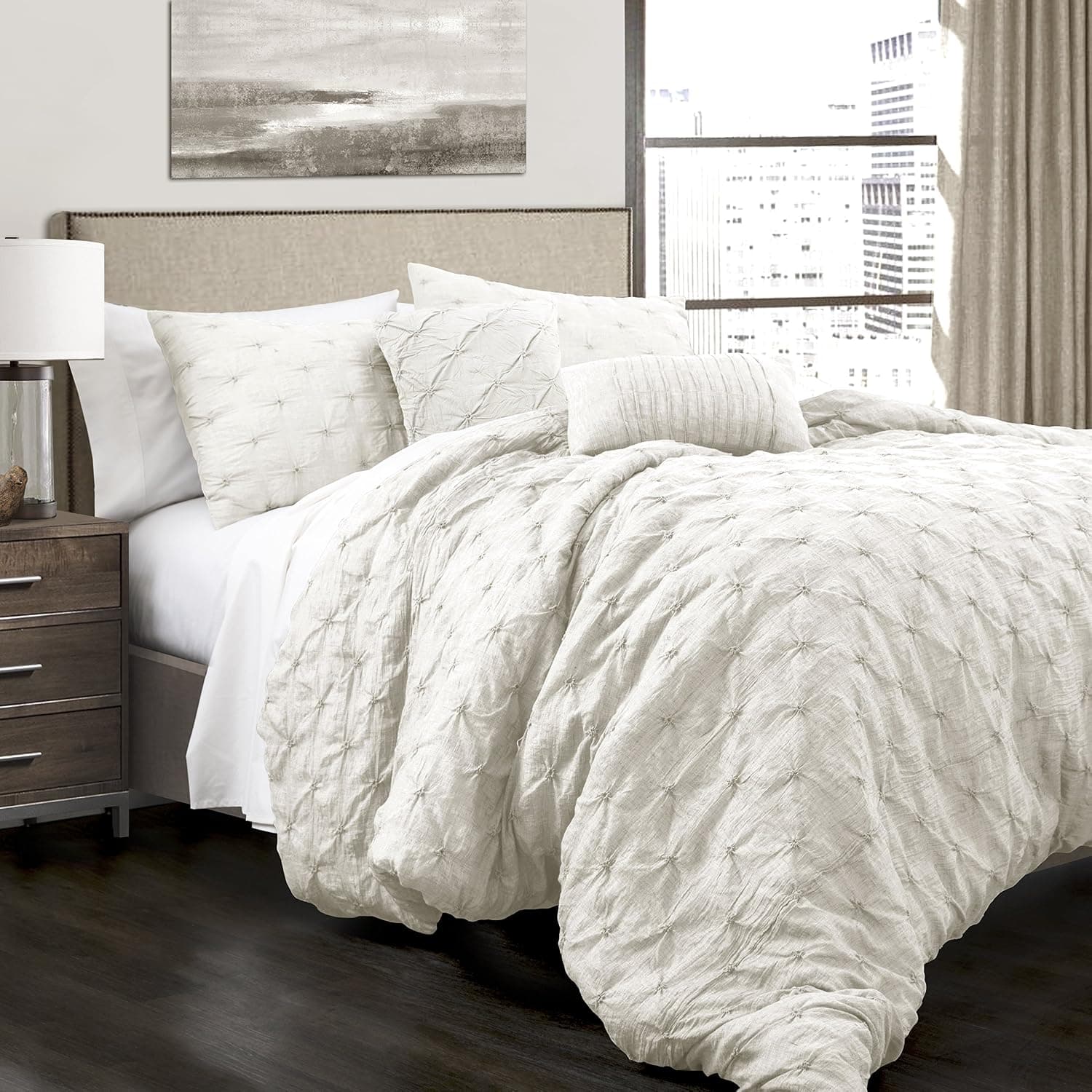 Lush Decor Ravello Pintuck Vintage Chic Farmhouse Style 5 Piece Comforter Set with Pillow Shams, King, White