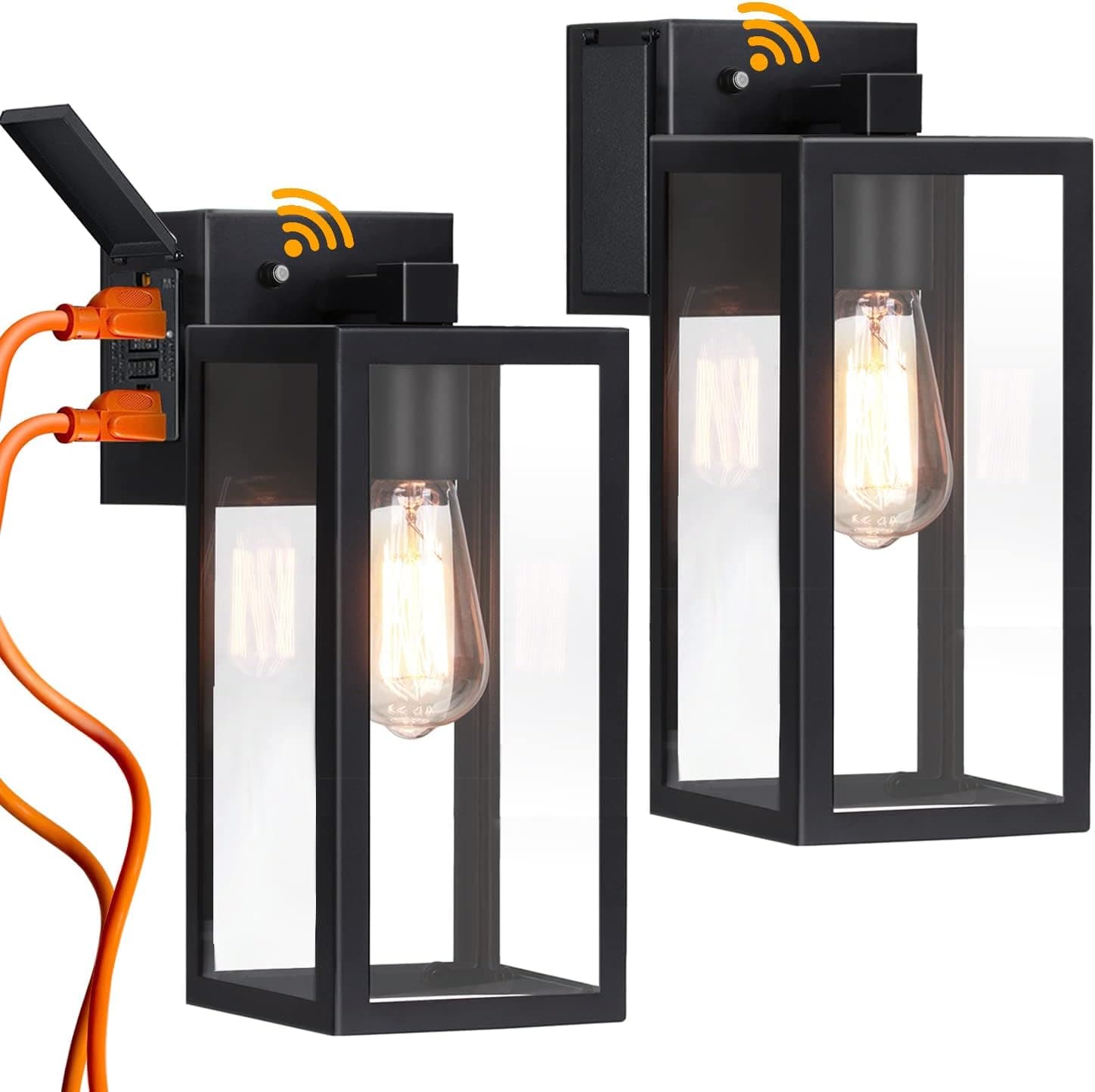 Outdoor Lights with GFCI Outlet, Dusk to Dawn Wall Lantern Porch Light Fixtures Waterproof Exterior Wall Sconce, Auto On/Off Black Wall Lights for House Garage House Outside Garage, 2-Pack