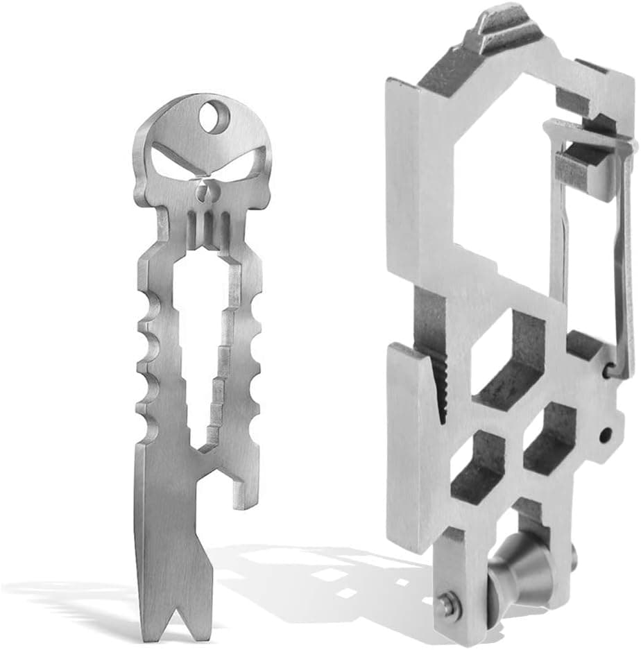 Stainless Steel Survival Punisher Pocket Pry Bar,EDC Carabiner, Skull Bottle Opener Multi Key Chain Tool Multi-functional Outdoor Pry Bar Pocket Tool
