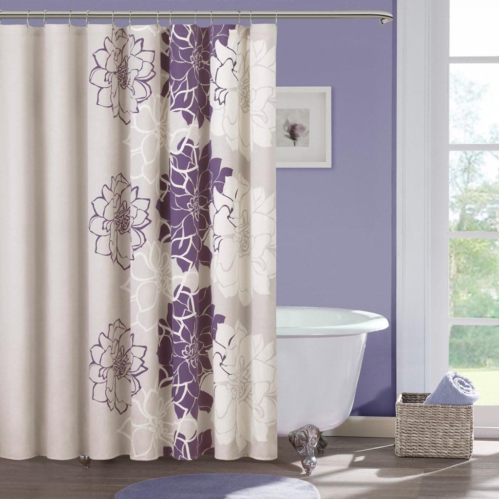 Madison Park Lola Design Floral Cotton Fabric Long Shower Curtain , Casual Print Shower Curtains for Bathroom , 72 X 72 , Purple
