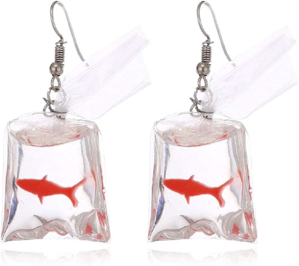 Christmas Funny Fish in Bag Earrings, Unique Acrylic Resin Dangle Earrings Gift for Girls Women