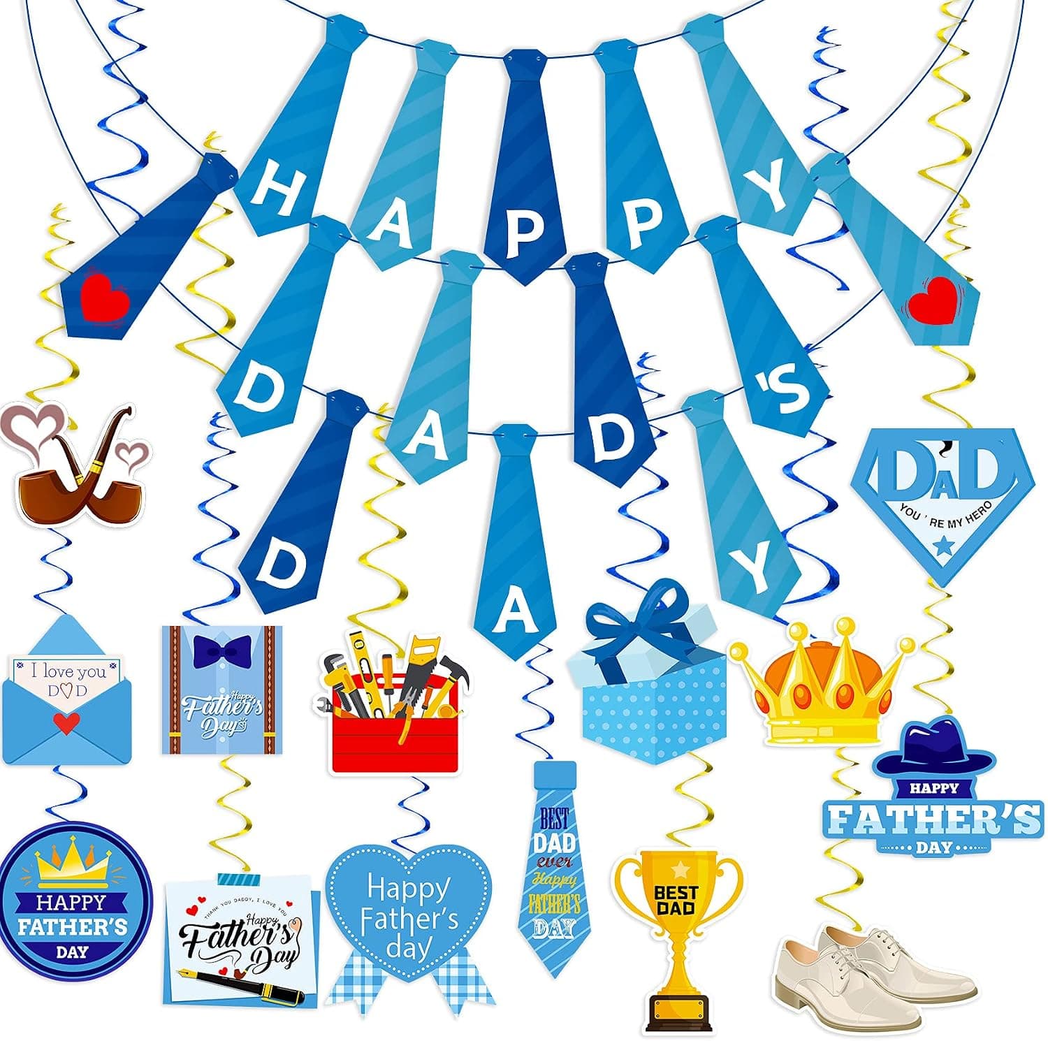 Funnlot Fathers Day Decorations 36PCS Happy Fathers Day Banner Father’s Day Hanging Decorations Fathers Day Decorations For Home Dad’s Day Hanging Swirl Foil Ceiling Decorations With Happy Dad’s Day Banner For Family Decoraction Del Dia Del Padre