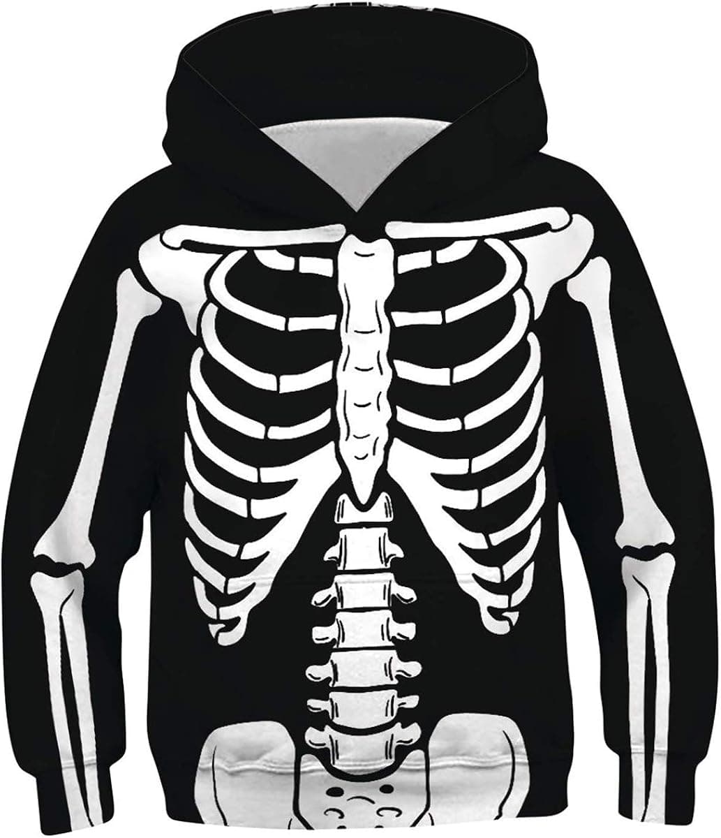AIDEAONE Boys Girls Halloween Hoodies 3D Realistic Skeleton Pullover Hooded Sweatshirt Size 6-7
