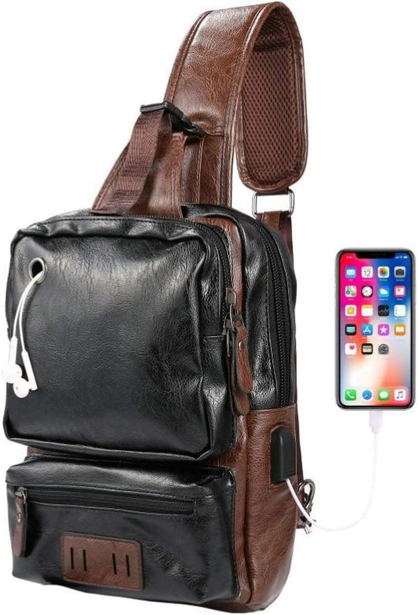 Men's Sling Bag, Crossbody PU Leather Shoulder Backpack with USB Charging Port, Vintage Chest Bag for Men(Black)