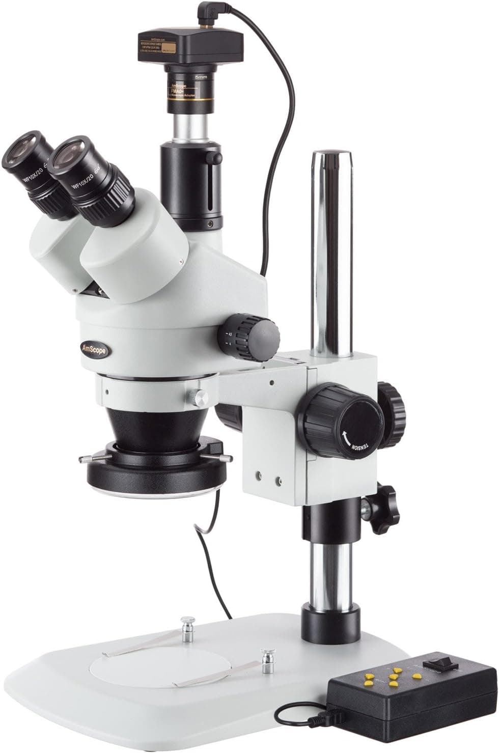 AmScope SM-1TNZ-144A-10M Digital Professional Trinocular Stereo Zoom Microscope, WH10x Eyepieces, 3.5X-90X Magnification, 0.7X-4.5X Zoom Objective, Four-Zone LED Ring Light, Pillar Stand, 110V-240V, Includes 0.5X and 2.0X Barlow Lenses and 10MP Camera with Reduction Lens and Software