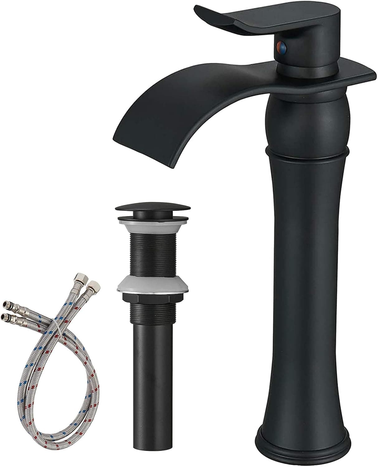 BWE Black Bathroom Faucet with Drain Assembly and Supply Hose Lead-Free Waterfall Vessel Sink Faucet Matte Black Lavatory Mixer Tap Tall Body