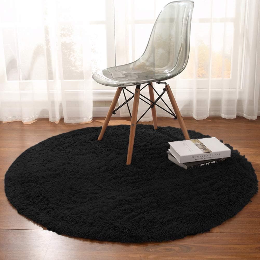 Noahas Luxury Round Rugs for Princess Castle Ultra Soft Play Tent Rug Circular Area Rugs for Kids Baby Bedroom Shaggy Circle Playhouse Carpet Nursery Rugs, 4 ft x 4 ft, Black