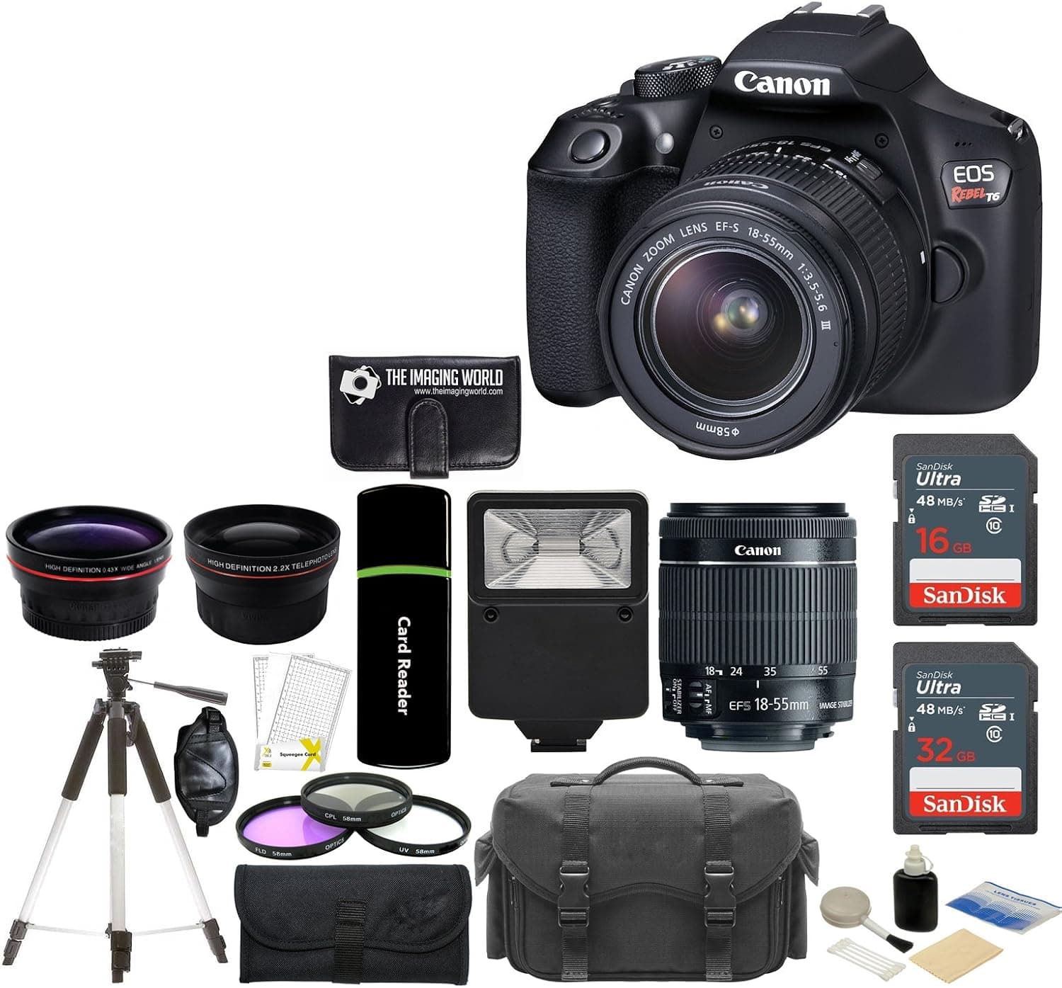 Canon EOS Rebel T6 18MP Wi-Fi DSLR Camera with 18-55mm is II Lens + SanDisk 32GB & 16GB Card + Wide Angle Lens + Telephoto Lens + Flash + Grip + Tripod - 48GB Deluxe Accessories Bundle