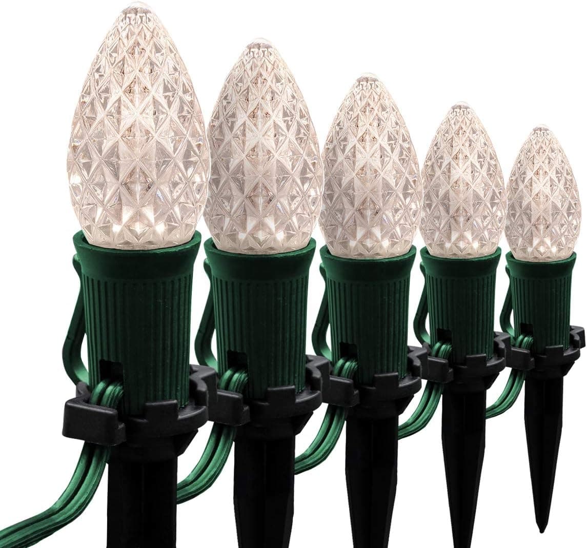 25’ OptiCore LED C7 Warm White Pathway Christmas Lights, C7 White Christmas Lights, 4.5” Stakes, Green Wire Plug String Lights