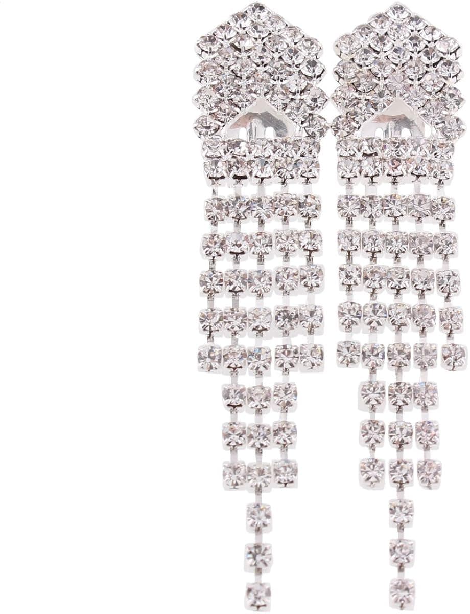 Grace Jun Bridal Silver Crystal 5 Strand Long Tassel Clip on Earrings for Women Fashion Dangle Earrings