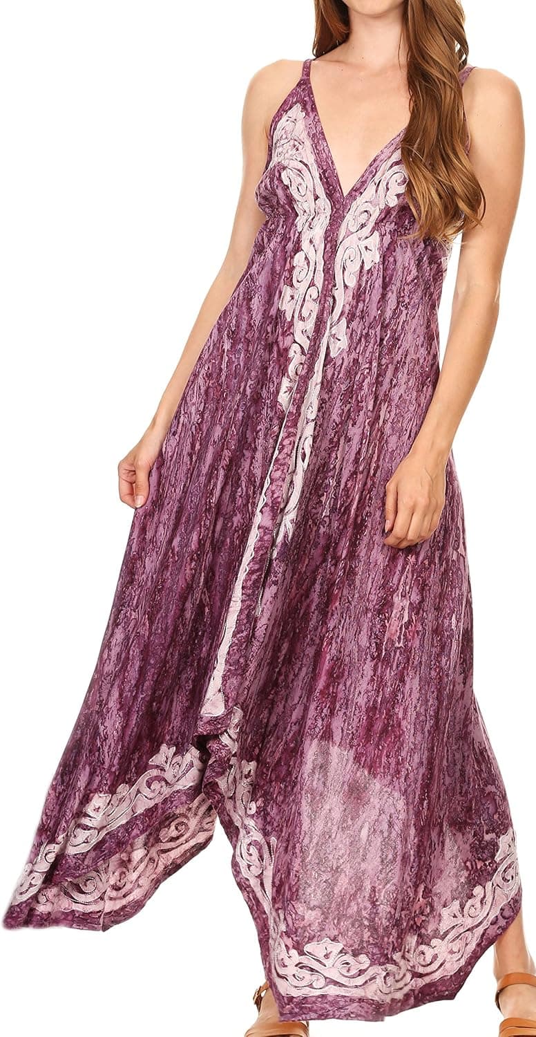 Sakkas Neyva Long Handkerchief Hem Embroidered Dyed Spaghetti Strap Batik Dress
