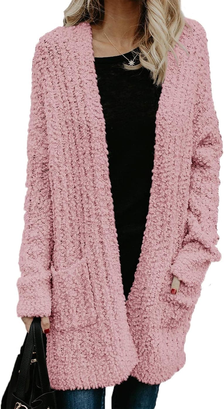 HZSONNE Womens' Boho Fuzzy Knitted Cardigan Chunky Sweater Sherpa Fleece Pointelle Full Sleeve Blouse