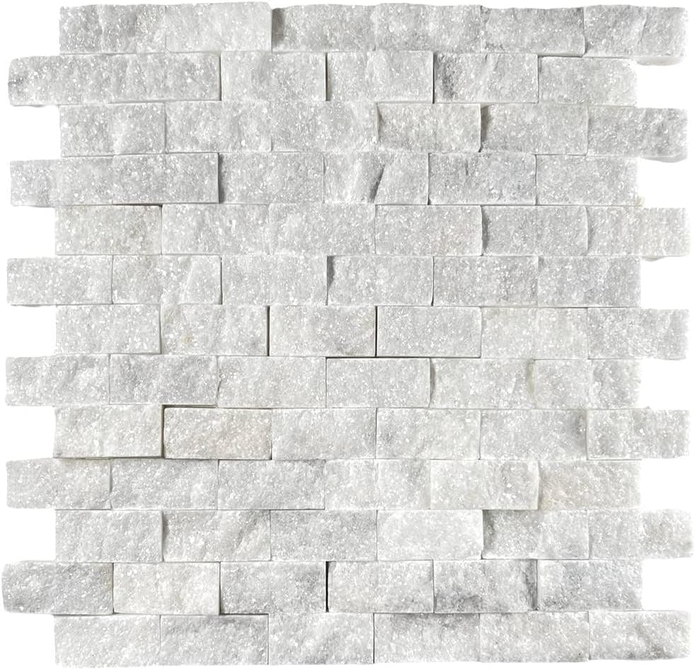 Italian White Carrara Split Face 1x2 Marble Mosaic Wall Tile for Kitchen Backsplash, Accent Wall, Fireplace Surrounds