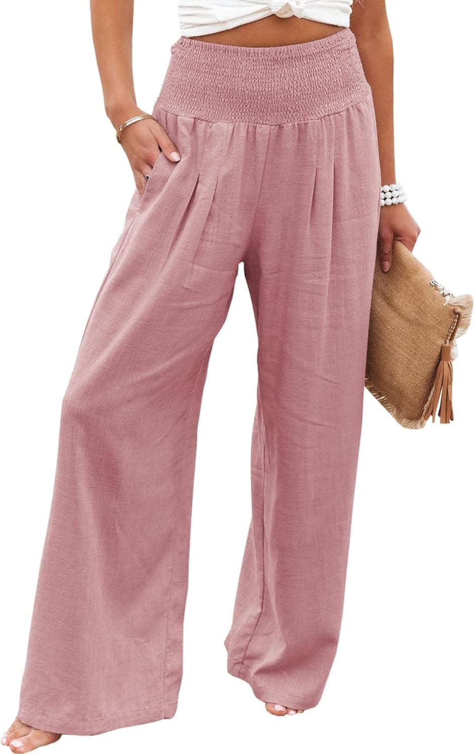 Vansha Women Summer High Waisted Cotton Linen Palazzo Pants Wide Leg Long Lounge Pant Trousers with Pocket Black S
