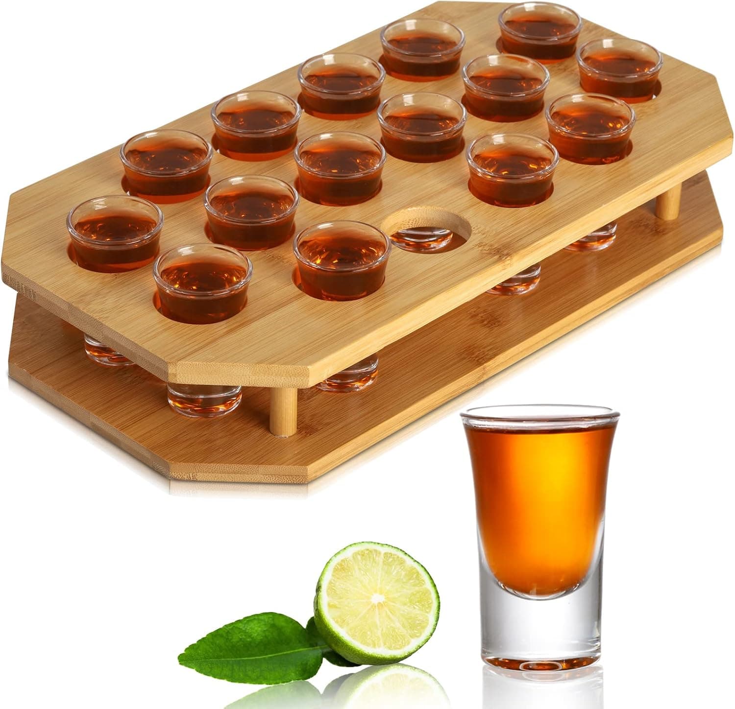 SOUJOY 16 Shot Glass Server, 1 oz Shot Glass Set with Bamboo Tray, Party Server Holder for Tequila, Vodka, Whiskey, Cocktail, Liqueurs
