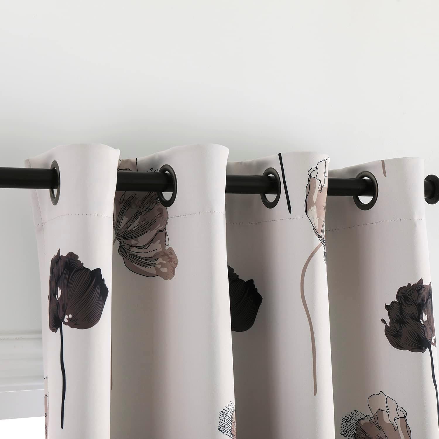 Taisier Home Floral Print Thermal Insulated Bedroom Blackout Heat Absorbing Room Darkening Energy Efficient Savings Living Room Window Curtain Grommet Panels, Set of 2, 52 W x 63 L, Black/Grey/Brown