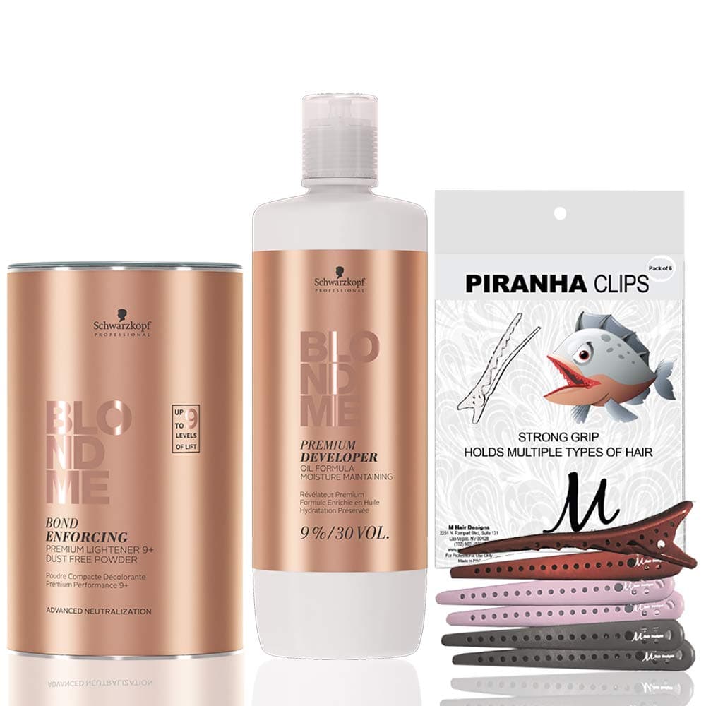 BlondMe Premium Developer 9% / 30 Volume 1 Liter, BlondMe Premium Lightener 9+ Dust Free Powder Bleach 450 grams, M Hair Designs Piranha Clips (Bundle 3 items)