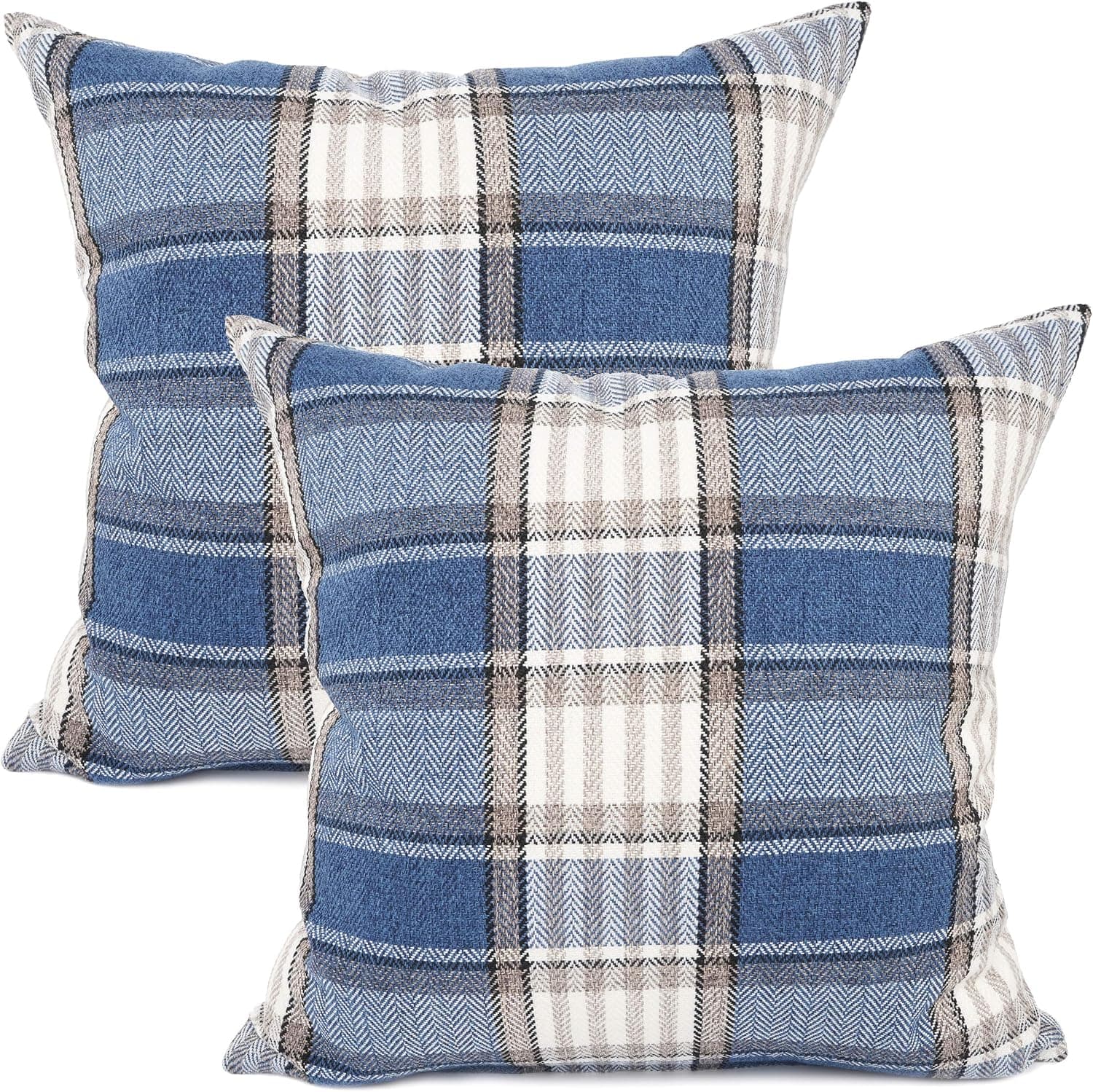 YOUR SMILE Set of 2 Retro Farmhouse Outdoor/Indoor Buffalo Tartan Chequer Stripe Plaid Cotton Linen Decorative Throw Pillow Case Cushion Cover Pillowcase for Sofa Chair,Blue,20x20inch