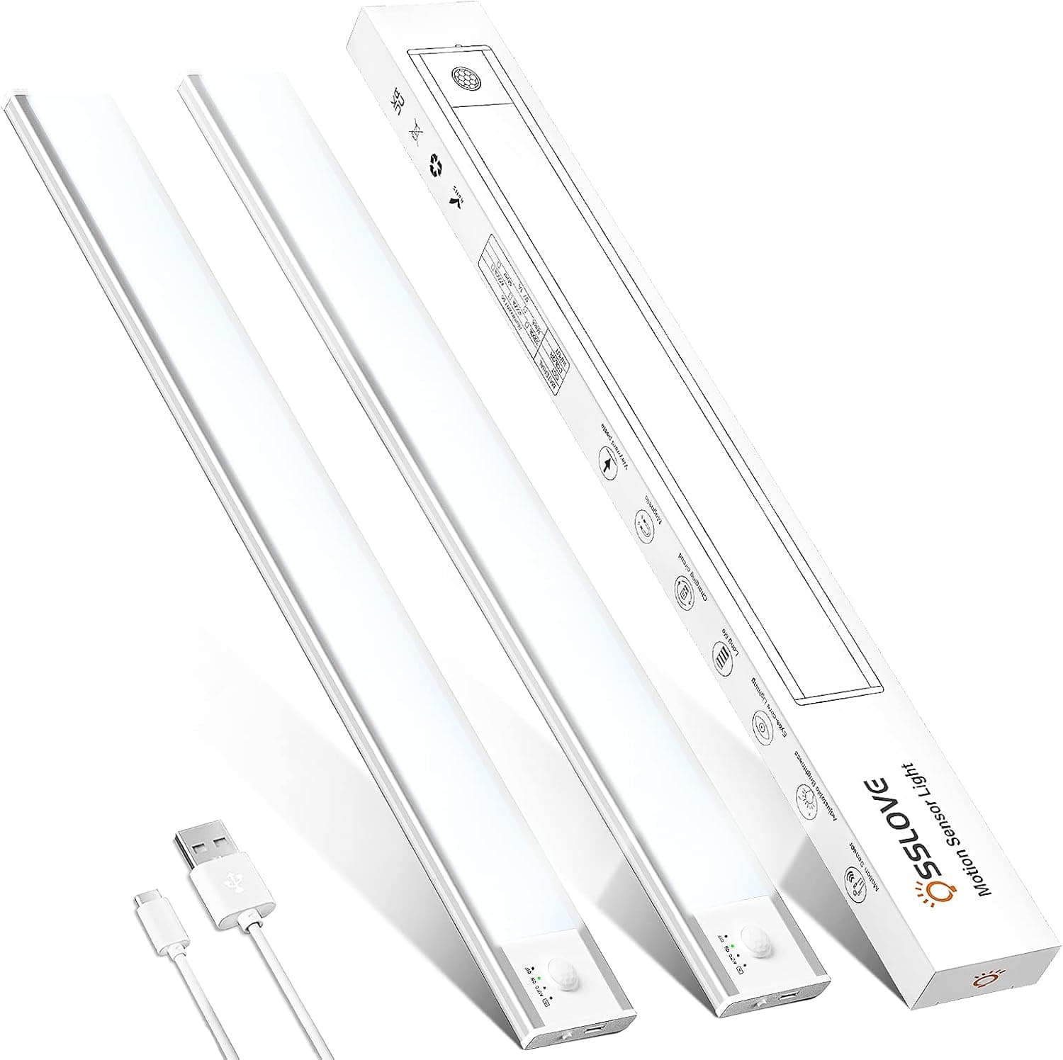 OSSLOVE Motion Sensor Lights Indoor, 71 LED Closet Light 1500mAh Type-C USB Rechargeable Battery Lights Dimmable Closet Light for Kitchen, Wardrobe, Garage, Stairs, Bedroom（White Light）-2Pack