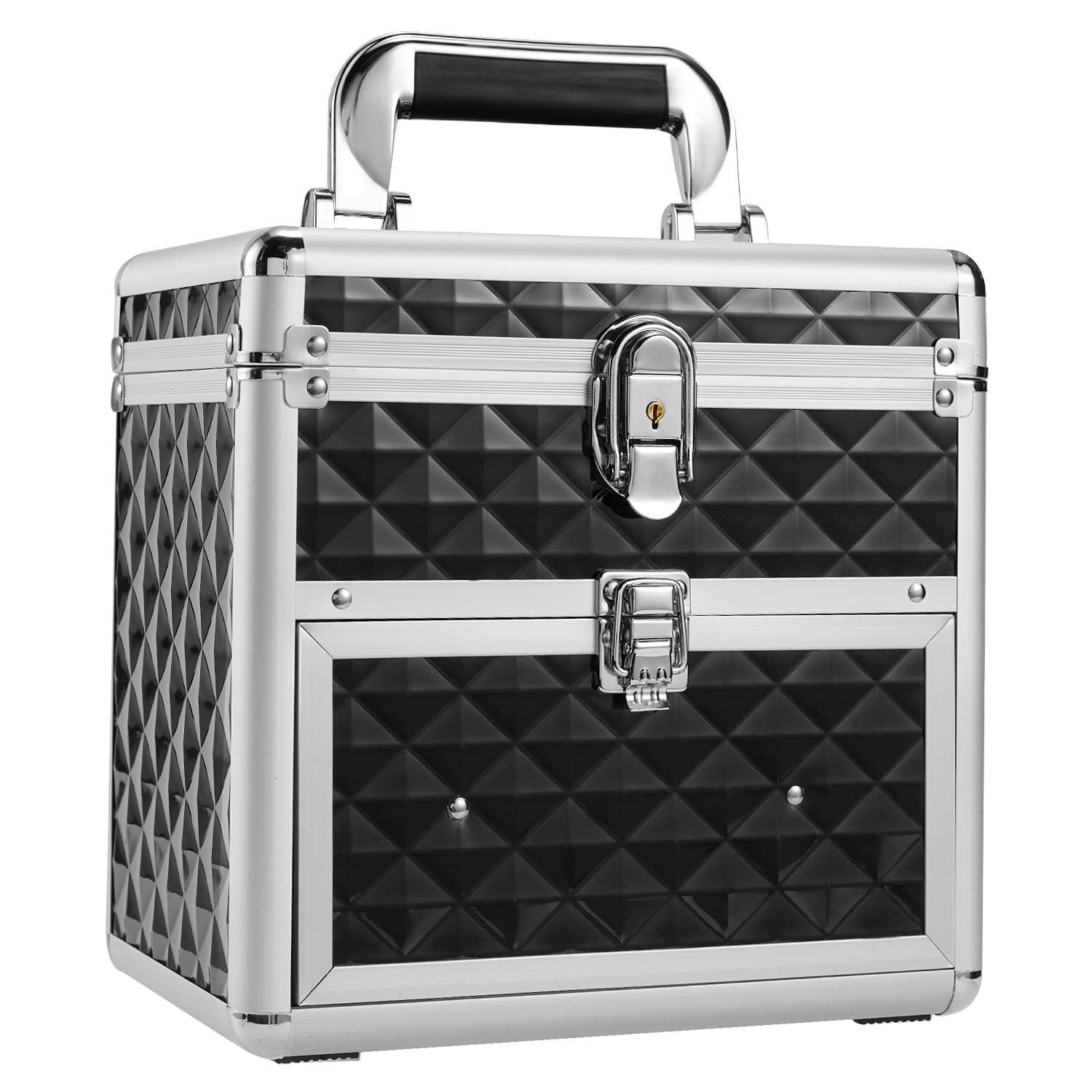 Frenessa Makeup Case Portable Train Case Cosmetic Box Organizer with Drawer Nail Polish Storage with Mirror Lockable Makeup Artist Nail Tech Case for Girls and Women - Black