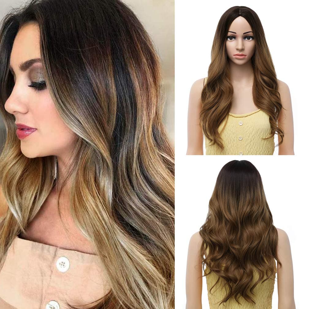 WTHCOS Brown Ombre Wig Long Wavy Wig Ombre Wigs for Women Long Wig Middle Part Synthetic Wigs with Wig Cap