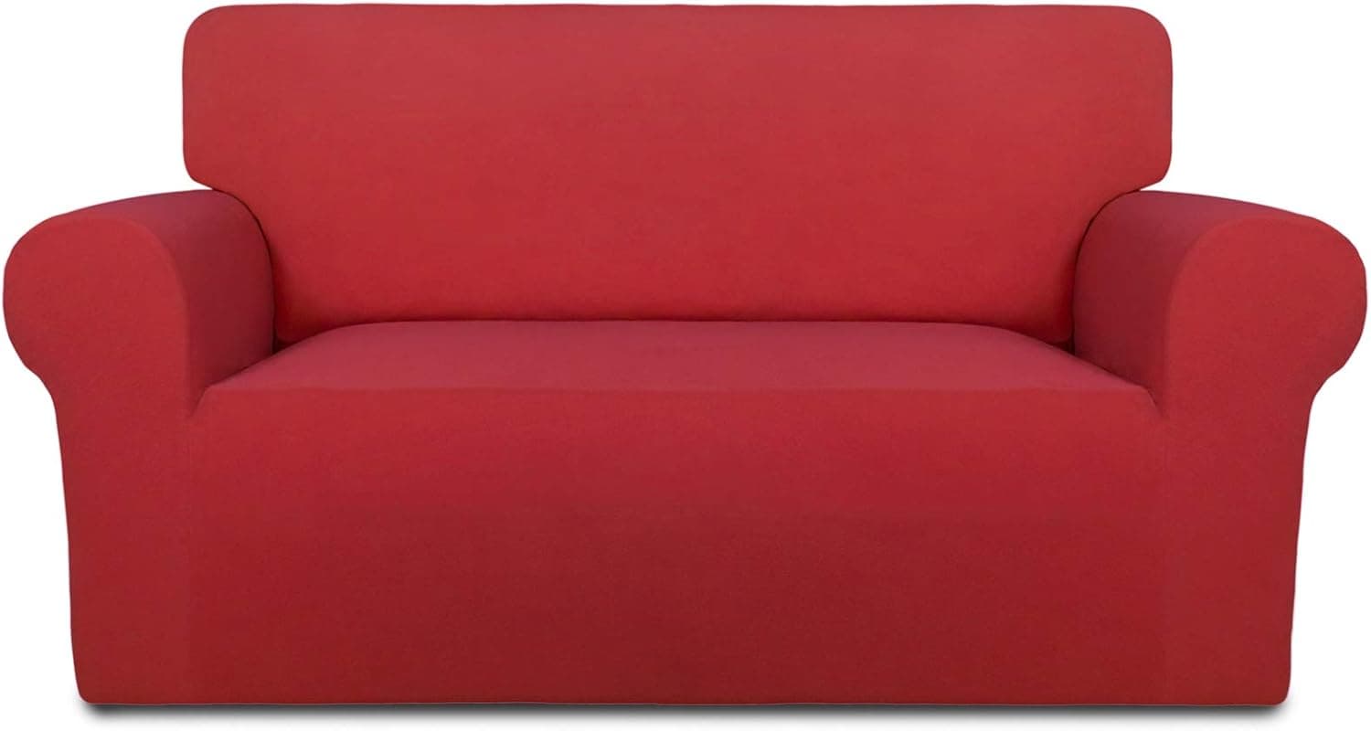 PureFit Super Stretch Chair Sofa Slipcover – Spandex Non Slip Soft Couch Sofa Cover, Washable Furniture Protector with Non Skid Foam and Elastic Bottom for Kids, Pets （Loveseat, Red）