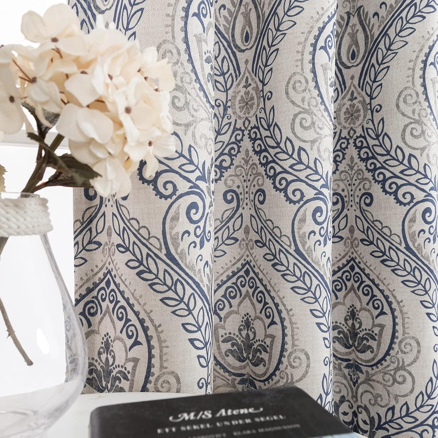 jinchan Curtains Medallion Linen Textured Curtains for Living Room 84 Inch Length Drapes Damask Pattern Flax Window Treatments Room Darkening for Bedroom Curtain Panels 2 Panels Blue on Beige