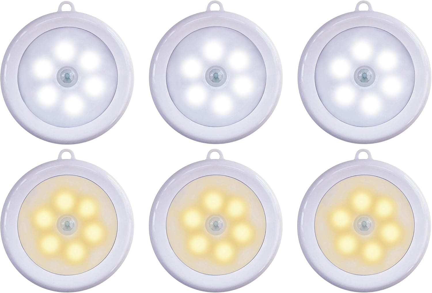 ZenLit Motion Sensor LED Night Light, 6-Pack, Cordless Battery-Powered Wall Light, with Magnetic Stickers and Hanging Strings, for Closet, Hallway, Bedroom, Kitchen, Stairs, 3 Warm White, 3 White