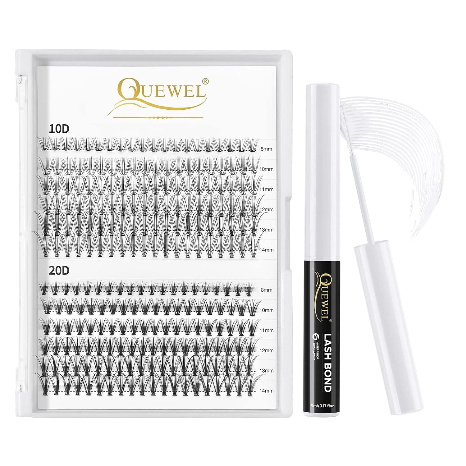 QUEWEL 240Pcs Cluster Lashes 10D+20D D Curl Mix8-14mm Lash Extensions Soft&Natural False Eyelashes & Lash Clusters Bond, White Lash Adhesive For DIY Eyelash Extensions