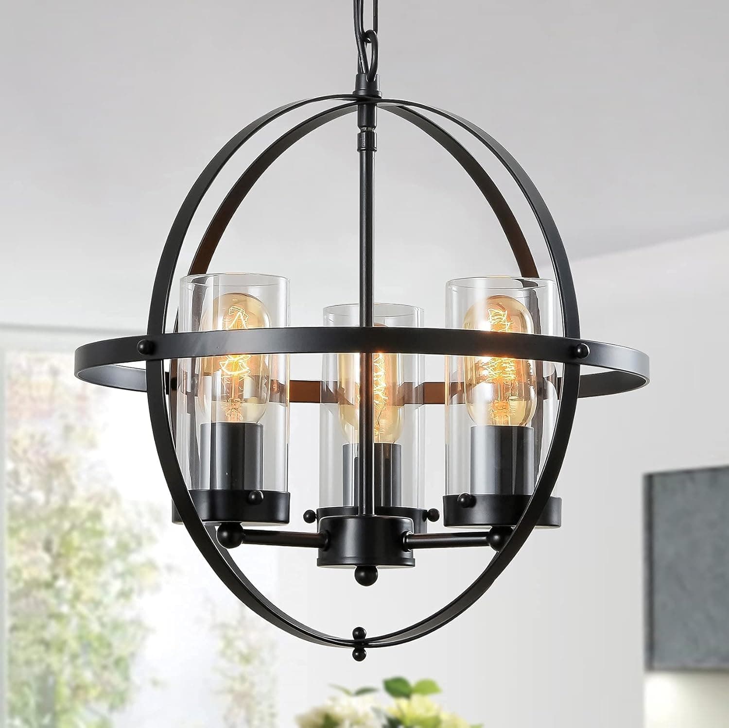 Qbaylan 3-Light Farmhouse Black Sphere Globe Foyer Ceiling Pendant Chandelier Light Fixture with Glass Shades, Ceiling Hanging Lighting Fixture for Kitchen Island Foyer Hallway Dining