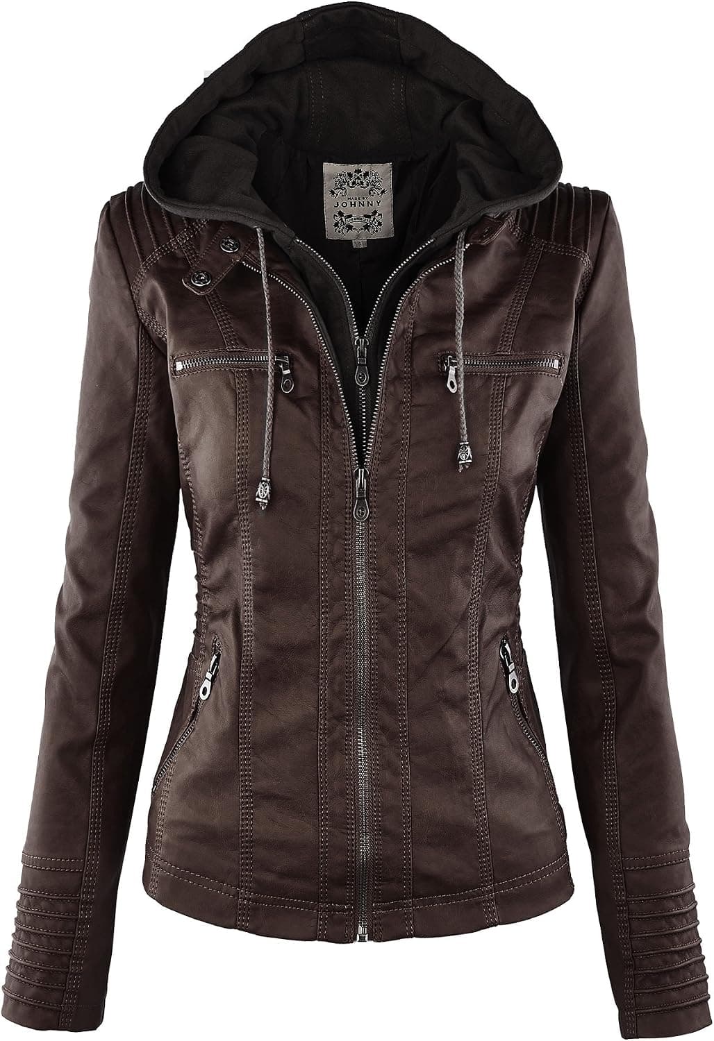 Made By Johnny MBJ Womens Faux Leather Motorcycle Jacket with Hoodie
