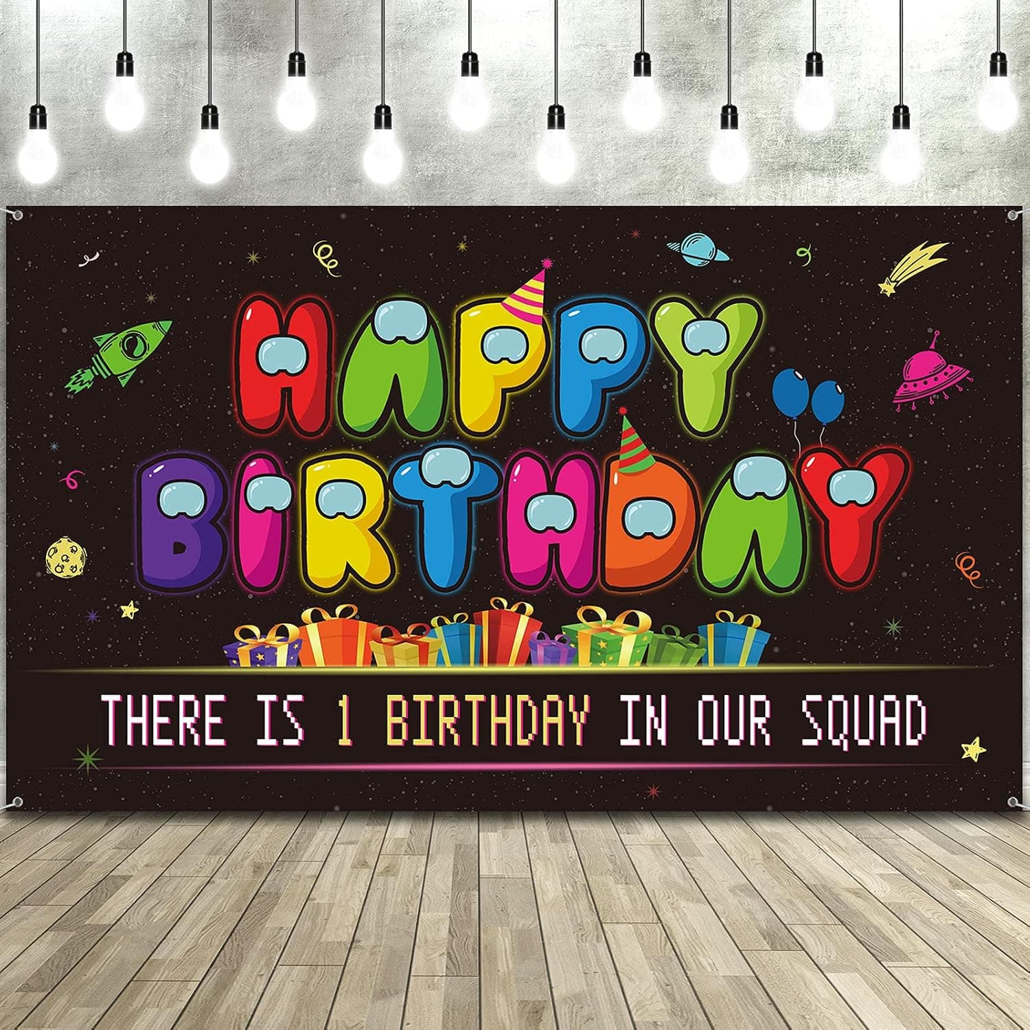 Happy Birthday Backdrop Large Fabric Outer Space Video Game Party Photo Booth Banner Photography Background for Online Social Deduction Game Theme Birthday Party Hanging Decoration, 73 x 43 Inches