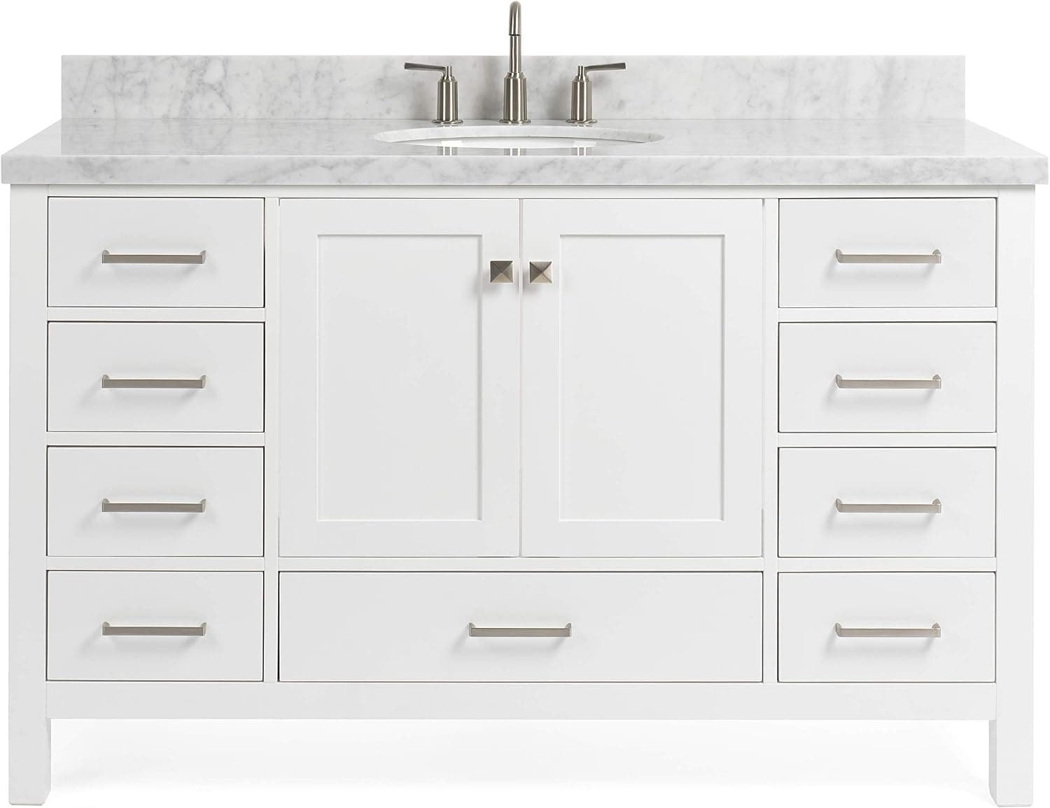 ARIEL 55" Inch Oval Sink White Bathroom Vanity Cabinet with Carrara White Marble Countertop | 2 Soft Closing Doors and 9 Full Extension Dovetail Drawers | No Mirror
