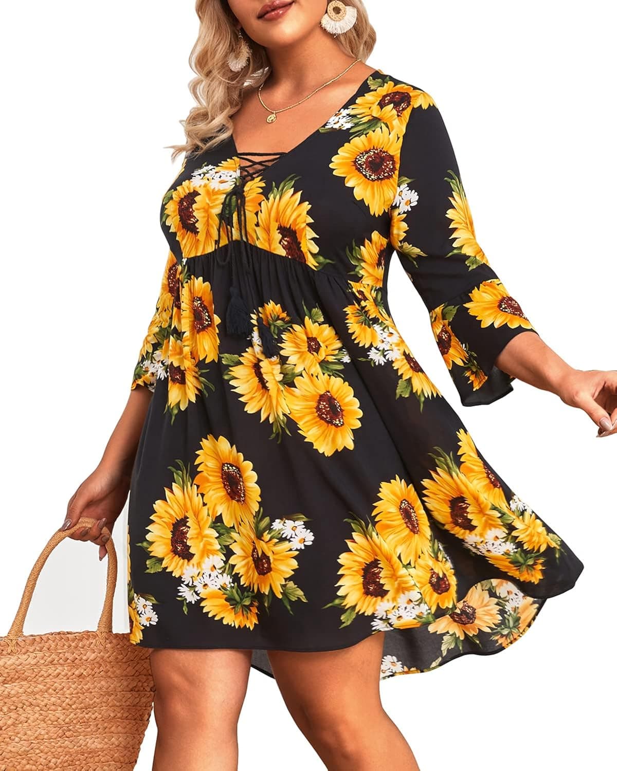 Women's Plus Size Boho Dress Floral V Neck Tassel Bell Sleeve Casual Summer Beach Flowy Mini Dress