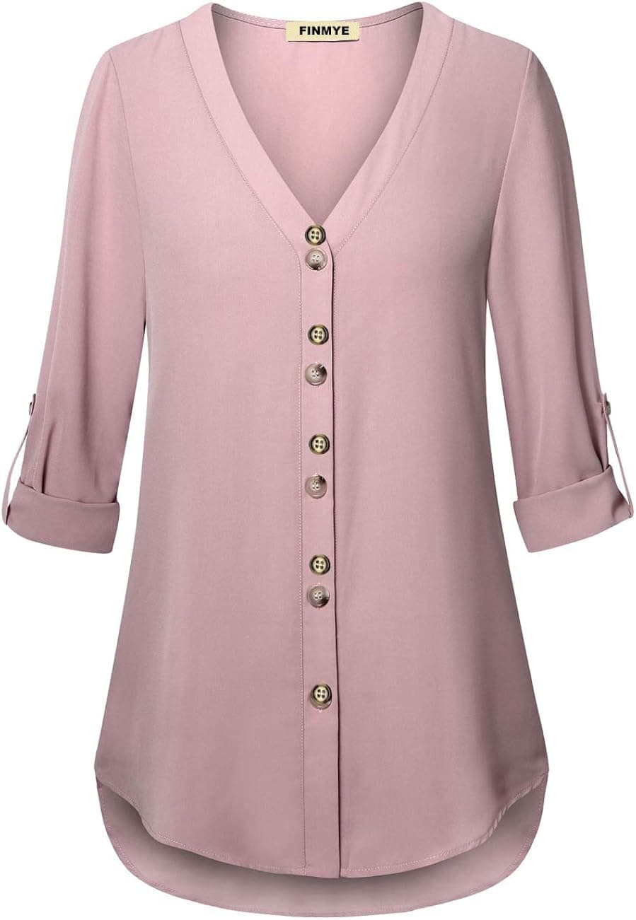 FINMYE Women's 3 4 Bell Sleeve Tops V Neck Pleated Chiffon Tunic Blouse Shirts (08-Pink, X-Large)