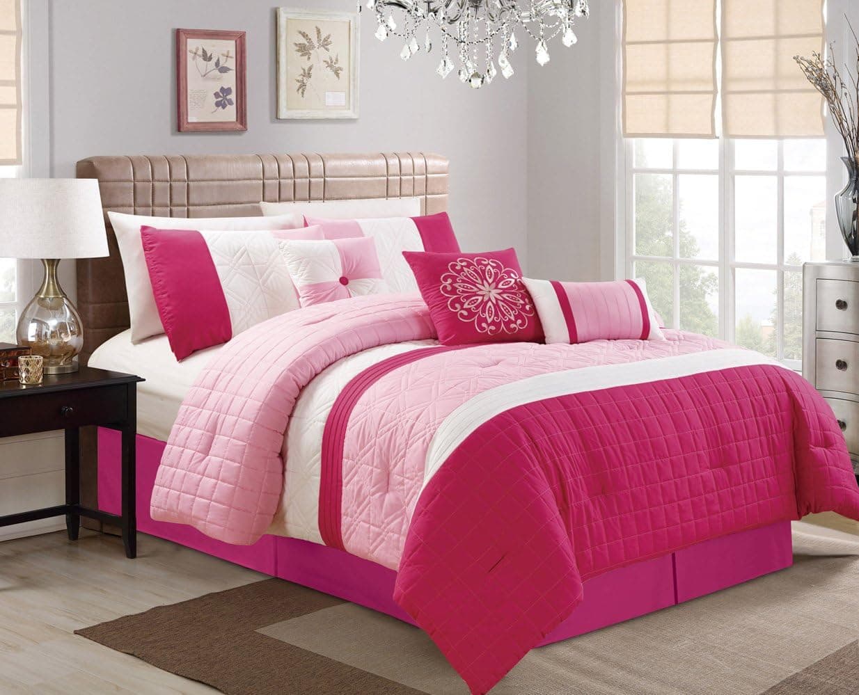 Grand Linen Modern 4 Piece Hot Pink, Light Pink, White Curtain Set with Attached Valance and Sheers