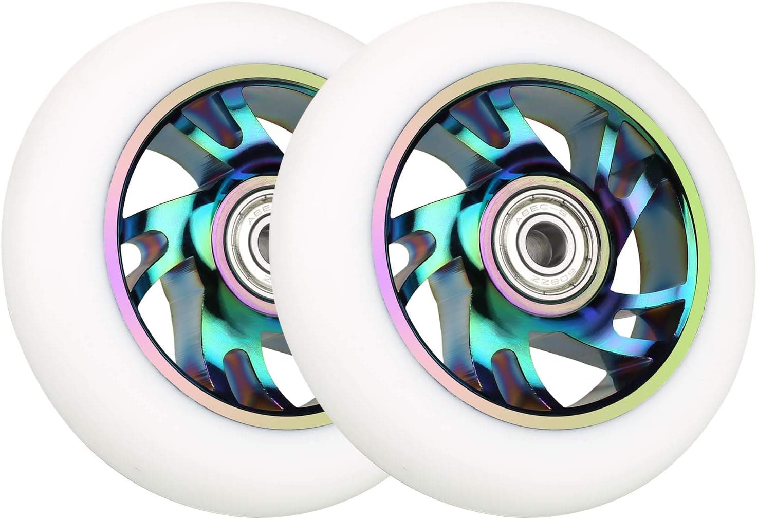 VOKUL 2pcs 100mm Replacement Pro Scooter Wheels with ABEC-9 Bearing, Complete 2pcs（ColorfulWhite）