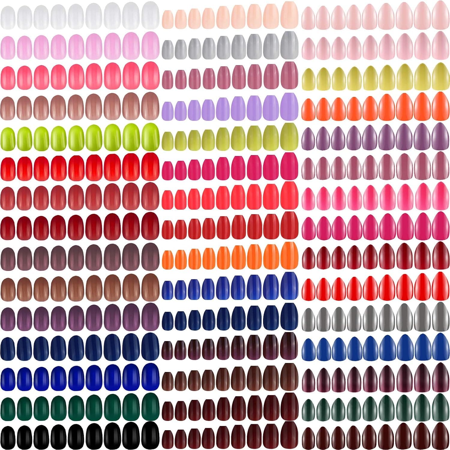 1080 Pieces 45 Sets Short Oval Press on False Nails Solid Color Short Stiletto and Coffin Fake Nails Artificial Art Nails Full Cover for Women Girls DIY Art Nail Decoration, 3 Styles (Multicolor)
