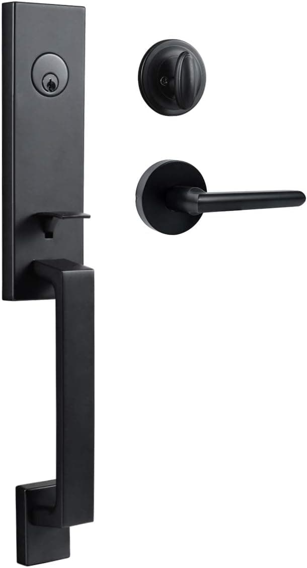 M70729A-9165-BD Black Handleset Single Cylinder for （Entrance and Front Door） Easy to Install with Reversible for Right and Left Handed and Single Cylinder Deadbolt Handle Set in Black Finish