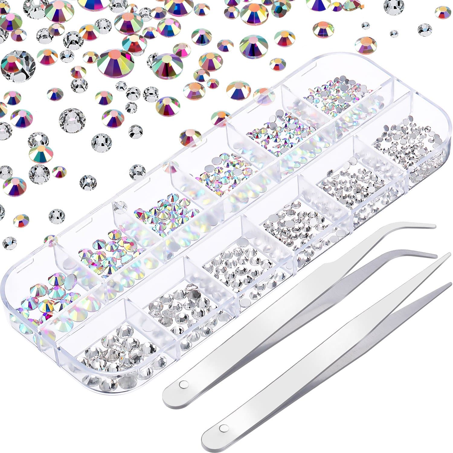 TecUnite Crystal AB Rhinestones for Nail Rhinestone Round Flatback Glass Charms Clear Gems Stones and 2 Tweezers with Storage Organizer Box, SS6 8 10 12 16 20