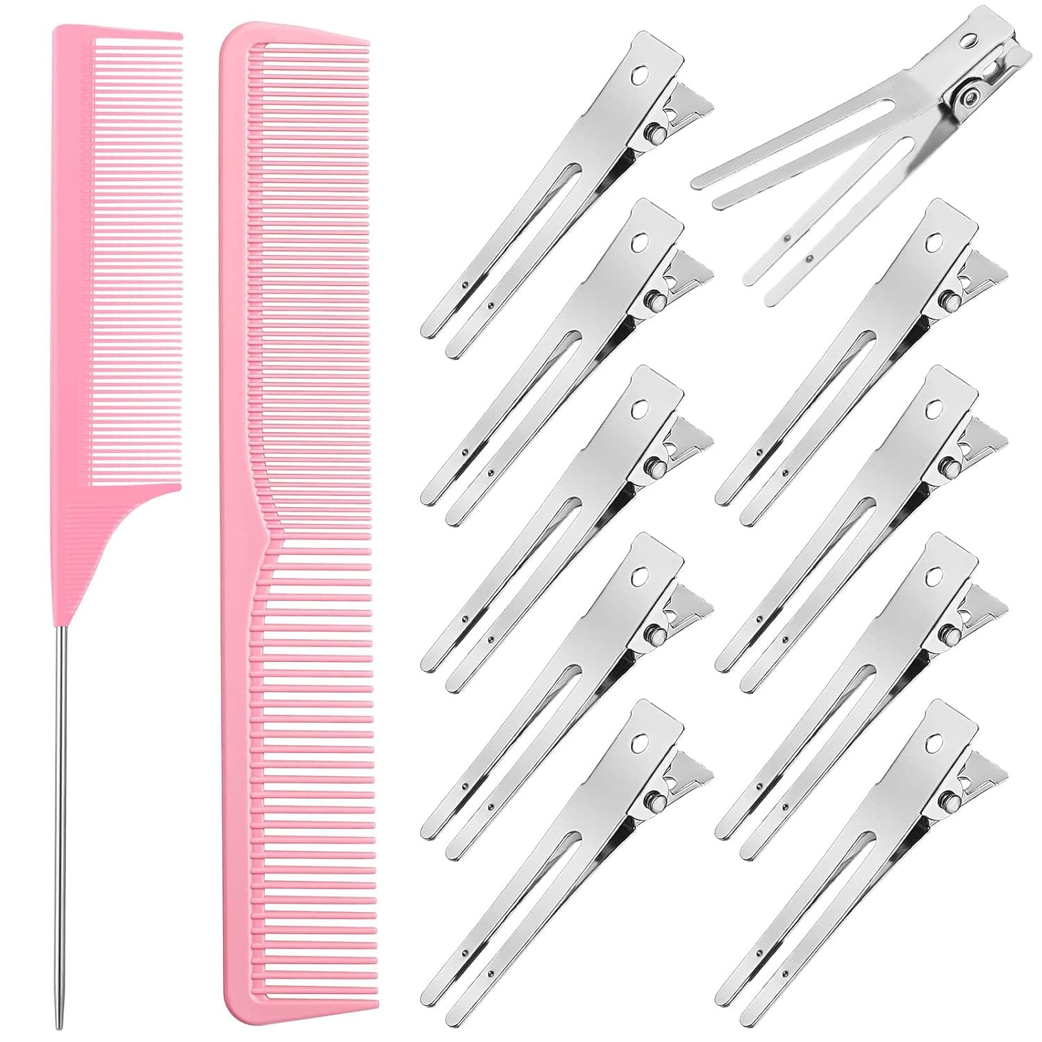 52 Pieces Hair Comb Set Locks Comb Dread Clips Includes Rat Tail Combs, Taper Hair Comb and 50 Double Prong Curl Clips for Men and Women Wavy Curls Hair Types (Pink)