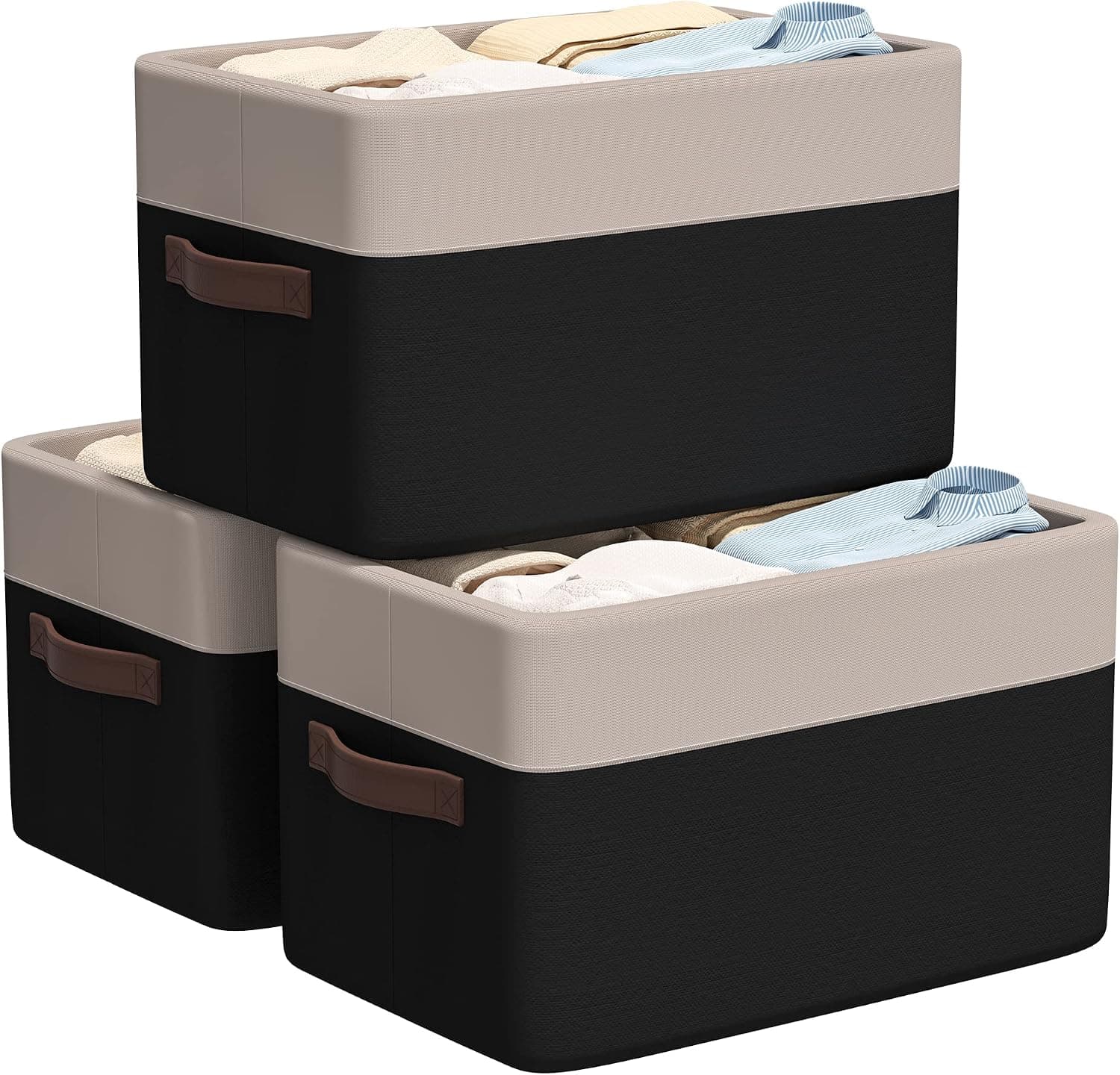 3 Pack Storage Baskets for Organizing- Foldable Storage Bins for Shelves Decorative Storage Bins Basket Linen Fabric Storage Basket with Steel Frame and PU Leather Handles (Black Beige 3pack)