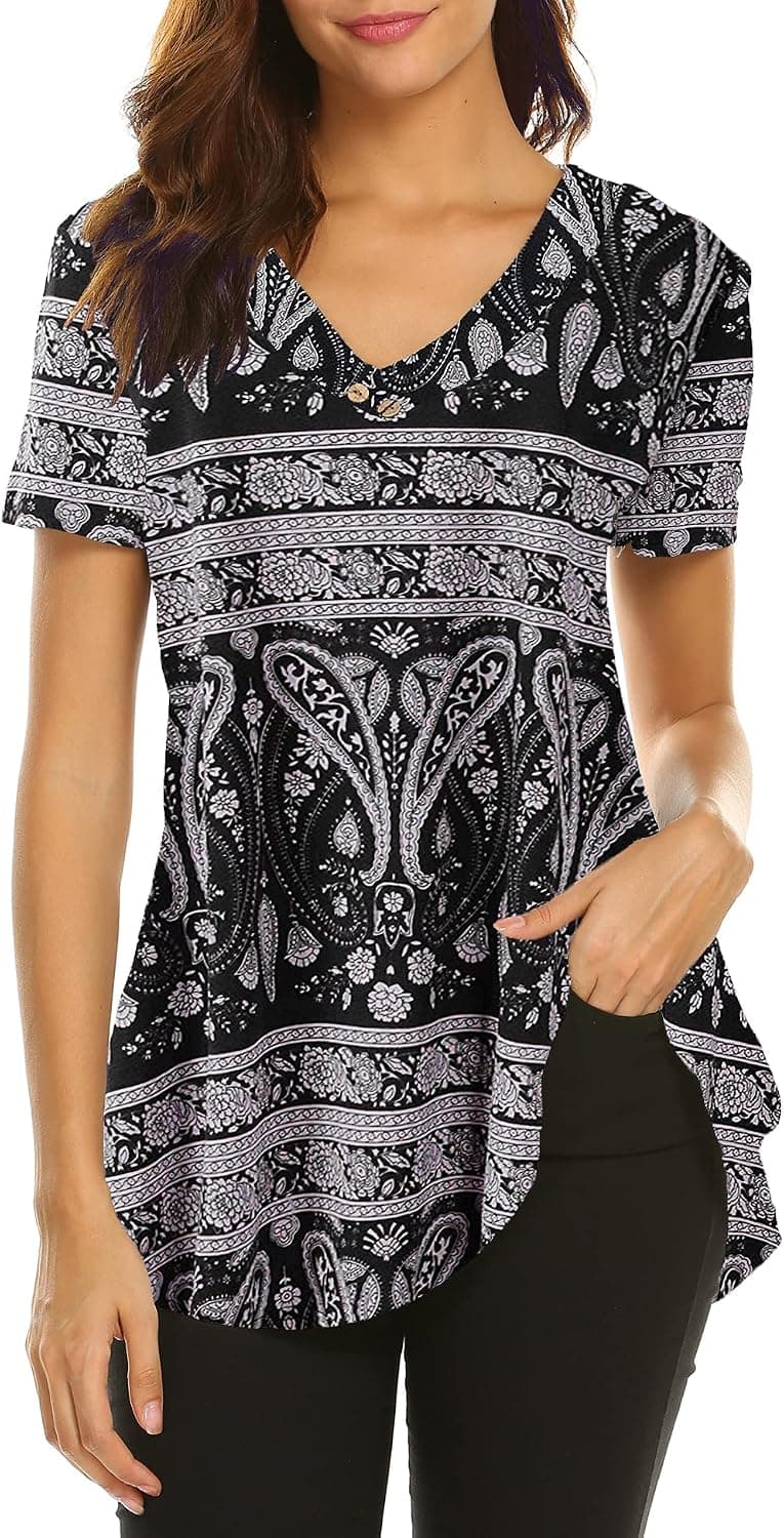 Sweetnight Women Floral Print V Neck Button Decor Peasant Swing Tunic Tops Shirts