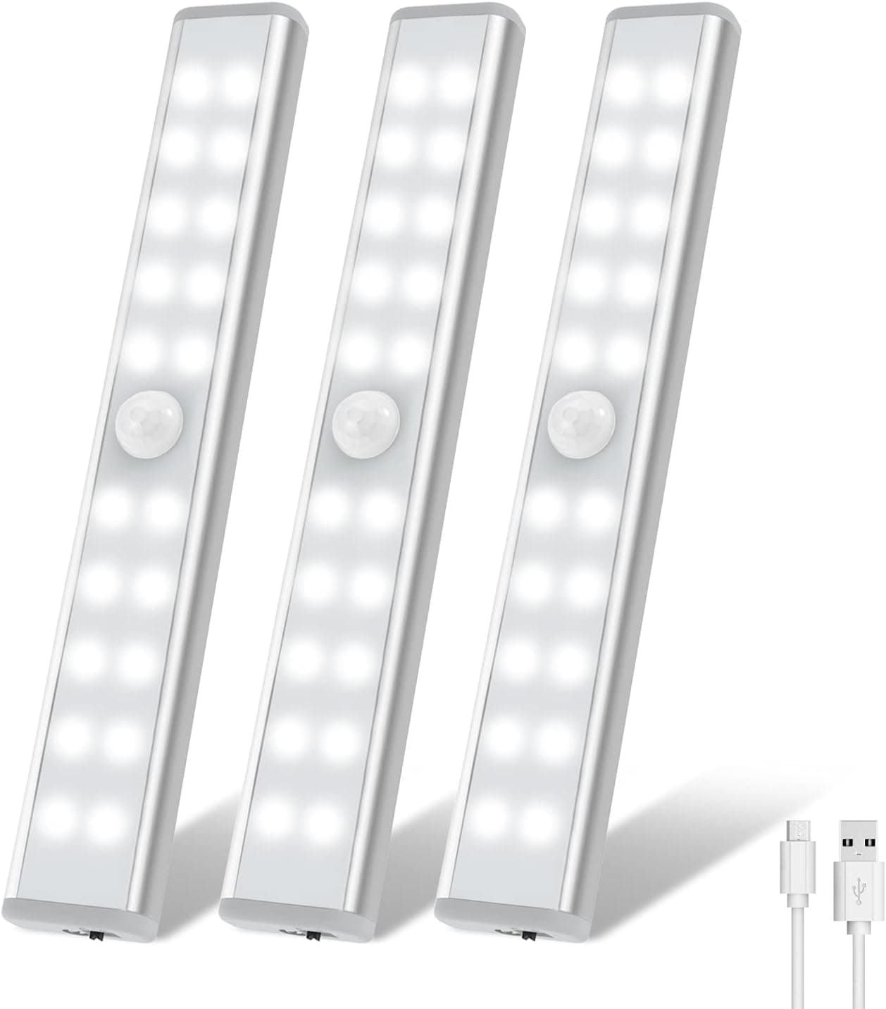 Wardrobe Light, OxyLED Motion Sensor Closet Lights, 20 LED Under Cabinet Lights, USB Rechargeable Stick-on Stairs Step Light Bar, LED Night Light, Safe Light with Magnetic Strip, 3-Pack (White)