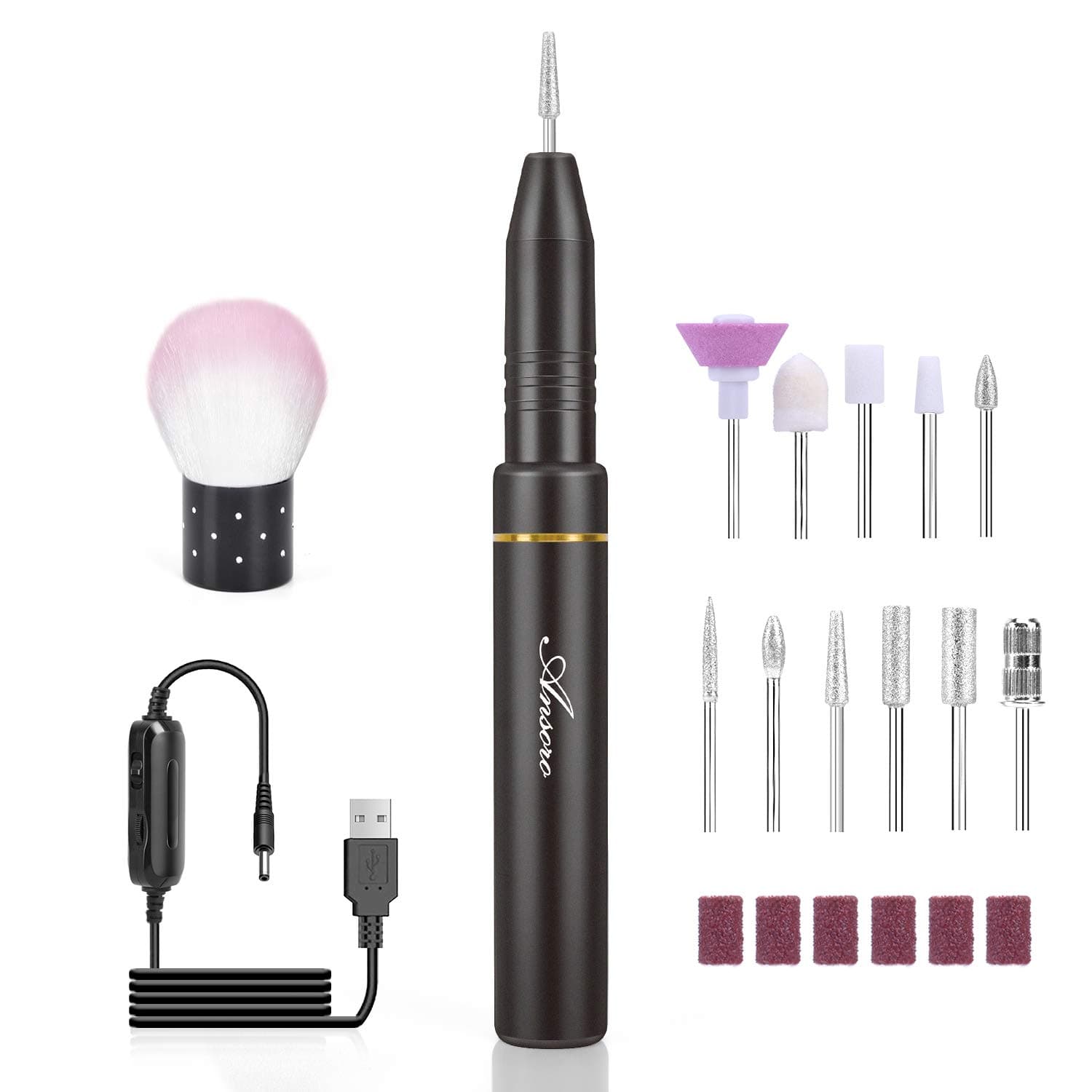 Portable Electric Nail Drill Kit, 2020 new USB Nail Drill Machine with 11 Bits for Acrylic, Gel Nails, Manicure Pedicure Polishing Shape, Home Salon Use Ansoro