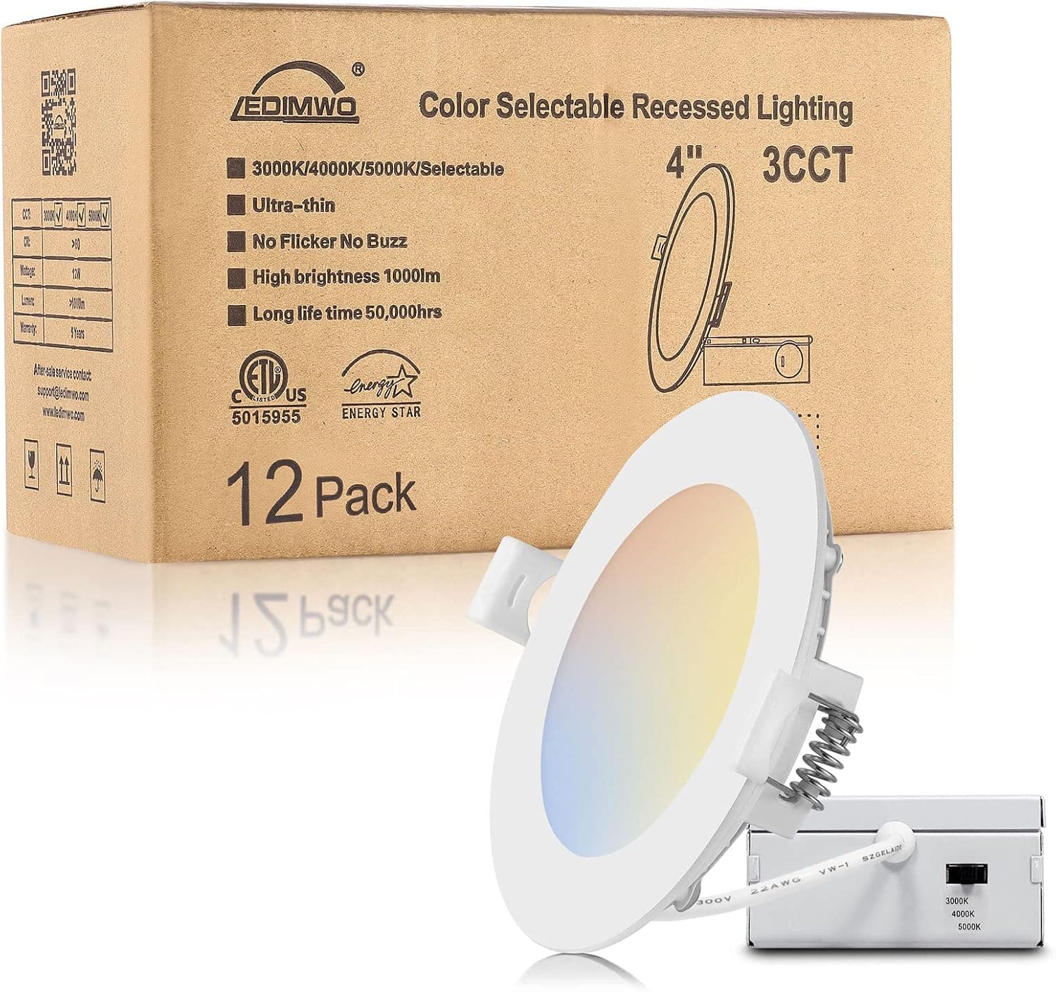 LEDIMWO 4 inch 9W 3000K/4000K/5000K Selectable Led Recessed Lighting, 4" Led Recessed Light, led can Light, No Flicker No Buzz, 750lm, with Junction Box, ETL & Energy Star,12Pack